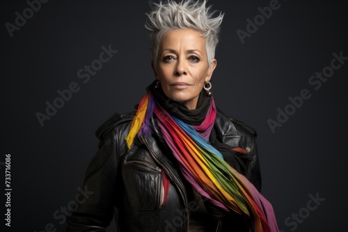Portrait of a beautiful mature woman in leather jacket and colorful scarf.