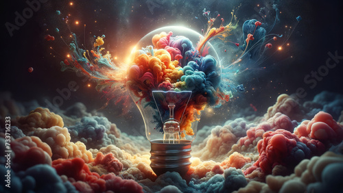 vibrant image depicts a light bulb at the center of a whimsical explosion of multicolored clouds, embodying a burst of creativity and inspiration. photo