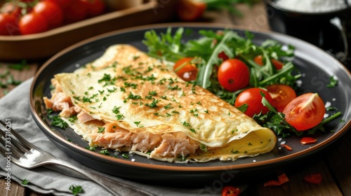 Classic Omelette with Salmon on Dark Plate