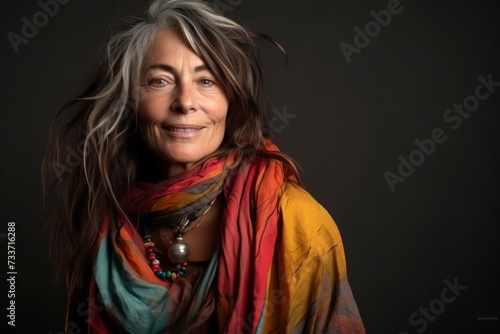 Portrait of a beautiful mature woman in a colorful scarf on a dark background