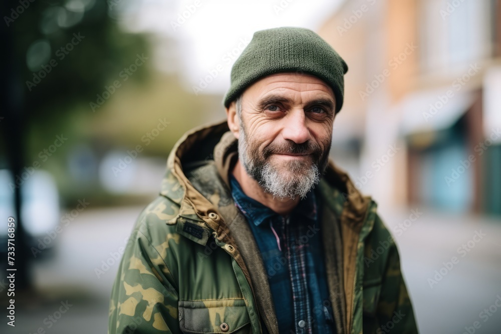 Portrait of a bearded man in a green jacket and a hat. Portrait of a bearded man in a green jacket and a hat.