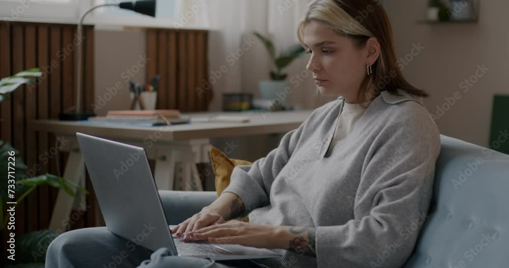 Portrait of smart young woman studying online using laptop computer typing sitting on sofa at home in morning. Student and distant education concept. Portrait of smart young woman studying online using laptop computer typing sitting on sofa at home in morning. Student and distant education concept.
