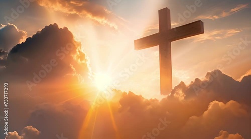 Wooden cross in the clouds and sky with the shining sun Generative AI photo