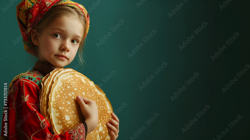 Maslenitsa banner with copy space, little girl in traditional costume close up with a plate of pancakes with space for text