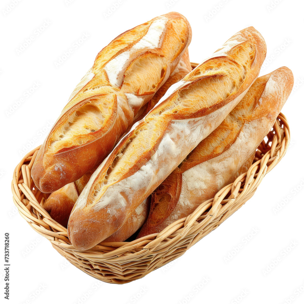 delicious basket of French baguette on transparency background PNG