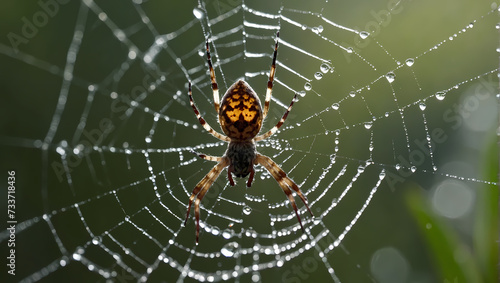 Close-up of a spider spinning a web in the early morning dew.