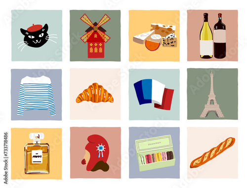 set of french cultural illustrations