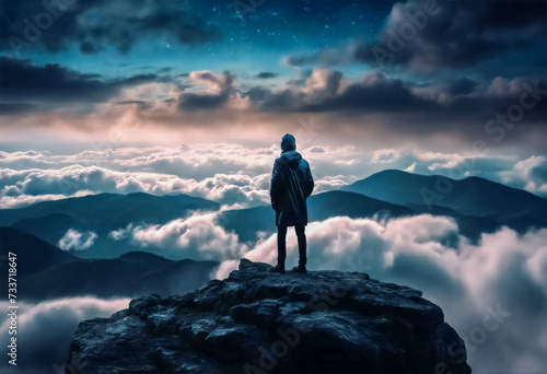 Sguardo Notturno dall'Alto- Uomo in Piedi sulla Cima della Montagna di Notte sotto le Nuvole photo