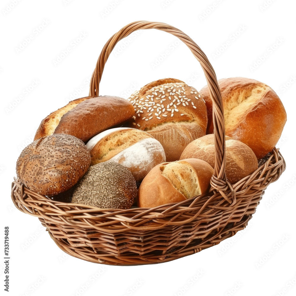 Bread and rolls in wicker basket on transparency background PNG