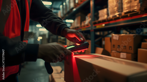 A detailed close-up capturing the moment a logistics worker scans a barcode on a package in a bustling distribution center photo
