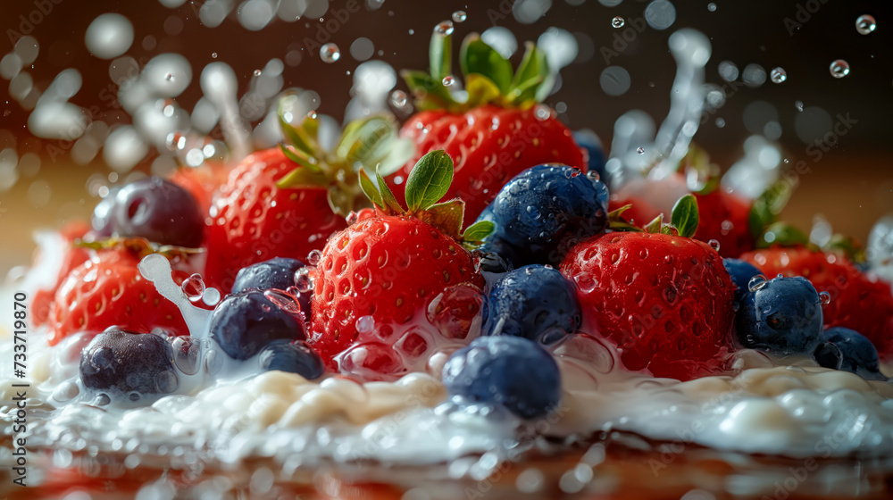 Wild berries with splashes of milk. The concept of dietary and healthy food and drinks. Advertising banner for dairy products and vitamin berries. Wild berries with splashes of milk. The concept of dietary and healthy food and drinks. Advertising banner for dairy products and vitamin berries.