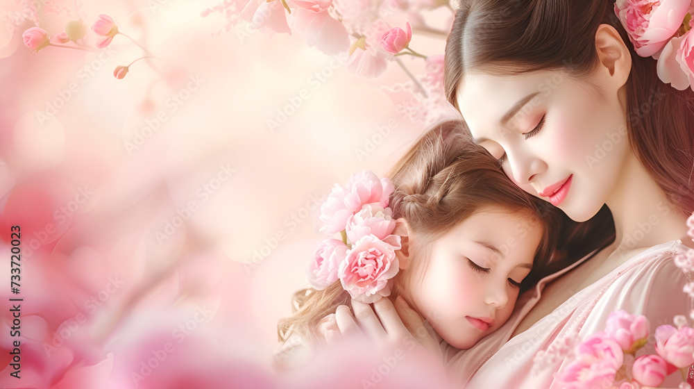 Fototapeta premium mother's day banner with copy space, mother hugging daughter on pink background with peonies and place for text