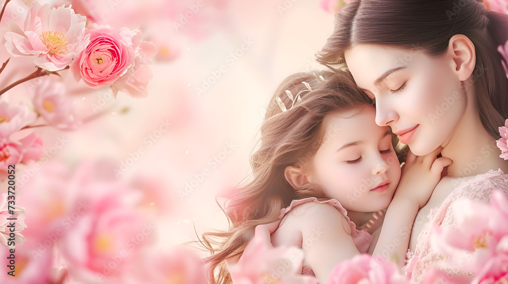 mother's day banner with copy space, mother hugging daughter on pink background with peonies and place for text mother's day banner with copy space, mother hugging daughter on pink background with peonies and place for text