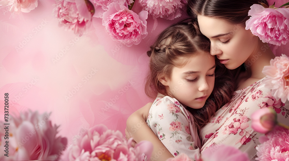 mother's day banner with copy space, mother hugging daughter on pink background with peonies and place for text mother's day banner with copy space, mother hugging daughter on pink background with peonies and place for text