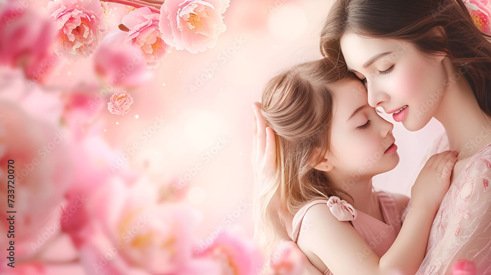 mother's day banner with copy space, mother hugging daughter on pink background with peonies and place for text mother's day banner with copy space, mother hugging daughter on pink background with peonies and place for text
