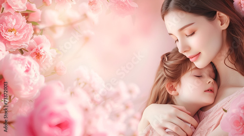 mother's day banner with copy space, mother hugging daughter on pink background with peonies and place for text