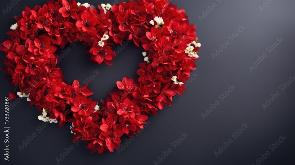red flowers in the shape of a heart. bouquet for Valentine's Day, Women's Day, March 8. greeting card. space for text