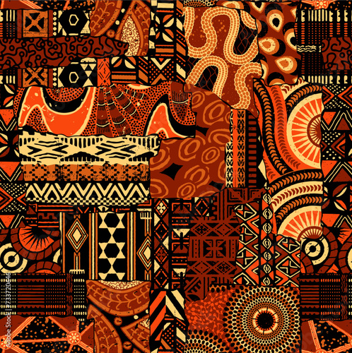 Traditional ethnic African fabric patchwork wallpaper vintage abstract vector seamless pattern for fabric shirt wallpaper card cloth tablecloth pillow