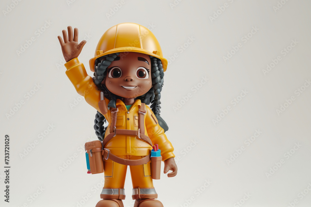 Fototapeta premium A cute 3D style character of a friendly female construction worker waving