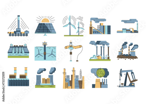Alternative energy sources color line icon sets.