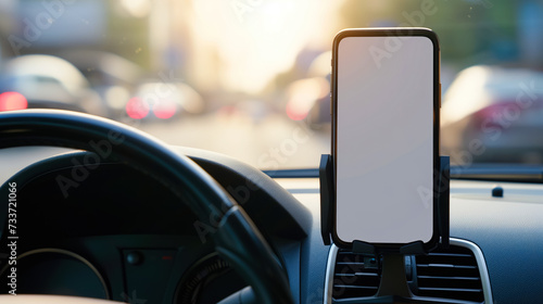 Smartphone in a car use for Navigate or GPS. Mobile phone with isolated white screen. Blank empty screen. Copy space. Empty space for text. Mock up smart phone in car. photo