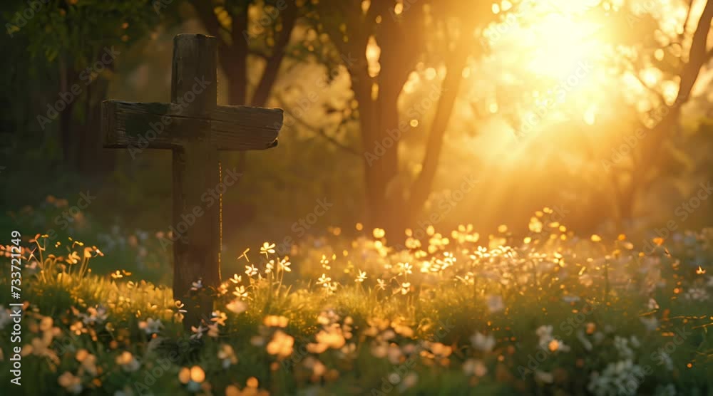 old wooden cross in a meadow with wild flowers at sunset Generative AI old wooden cross in a meadow with wild flowers at sunset Generative AI
