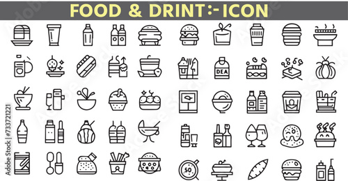 Set of 50 outline icons related to food and drink. Linear icon collection. Editable stroke. Vector illustration