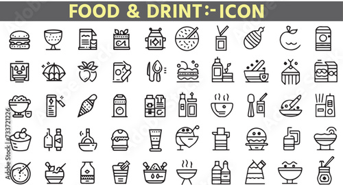 Set of 50 outline icons related to food and drink. Linear icon collection. Editable stroke. Vector illustration