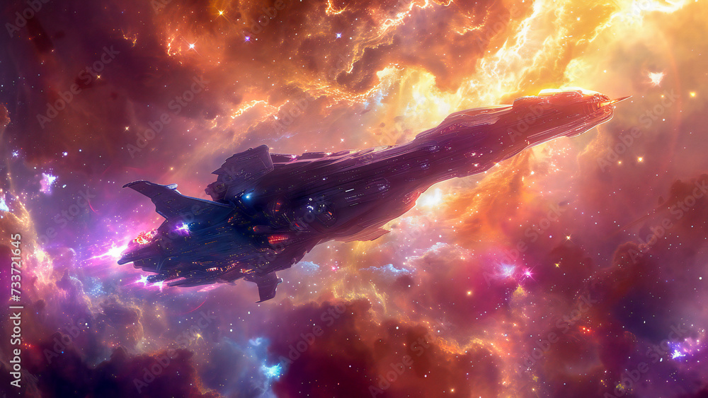 Naklejka premium A magnificent intergalactic vessel coming out from a colorful nebula