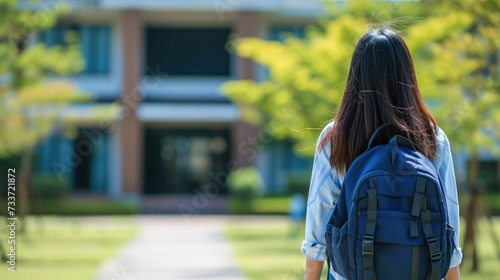 A teenage girl goes to school with a backpack on her back.