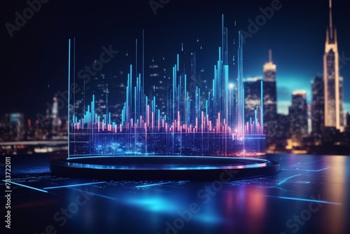 Volumetric neon stepped hologram data analysis graph against the backdrop of skyscrapers of a night metropolis. Concept of data analysis for business, future technologies. AI generated