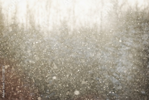 Defocused winter landscape, forest and snowfall. Vintage style.