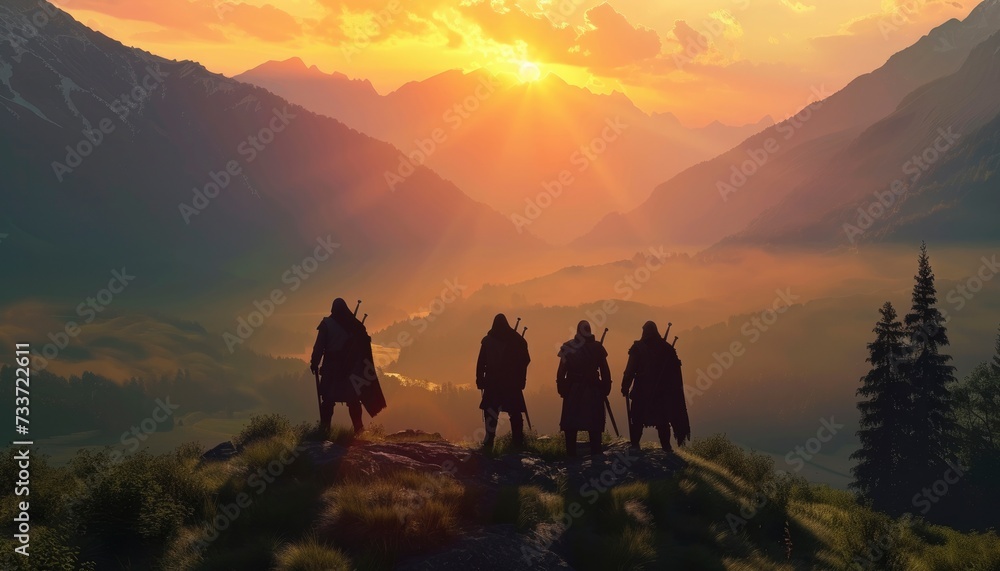 Four Adventurers on the Ridge, Gazing Upon the Verdant Valley Between Twin Peaks