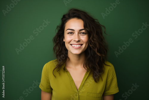 photo of a smiling woman in front of green background © Hew Pallot