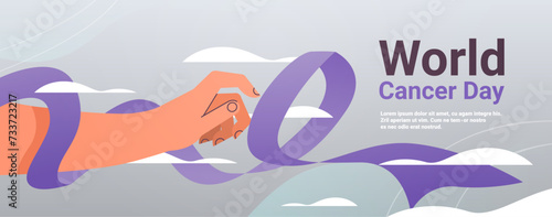 human hand holding purple ribbon world cancer day breast disease awareness prevention poster 4 february horizontal