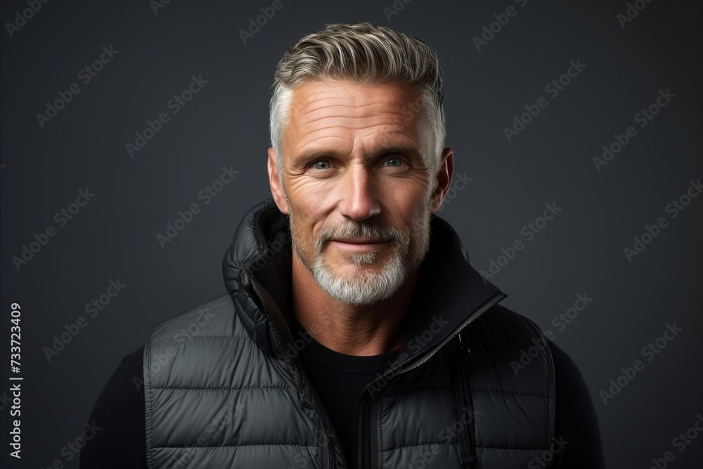 Portrait of a handsome middle-aged man with gray hair and beard wearing a black down jacket.