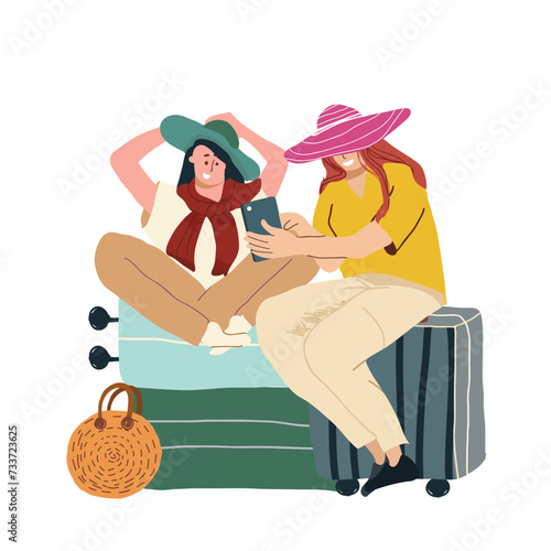 A couple of female tourists with luggage waiting for a flight. Passengers sit on suitcases and watch a mobile phone application. Colored vector flat illustration hand drawn women isolated.