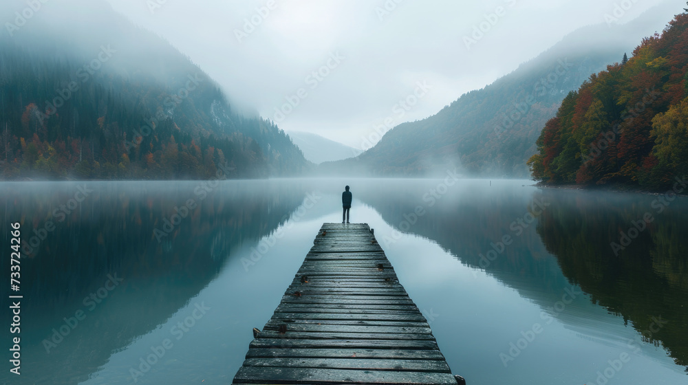 Misty autumn morning at mountain lake with man on wooden pier Misty autumn morning at mountain lake with man on wooden pier