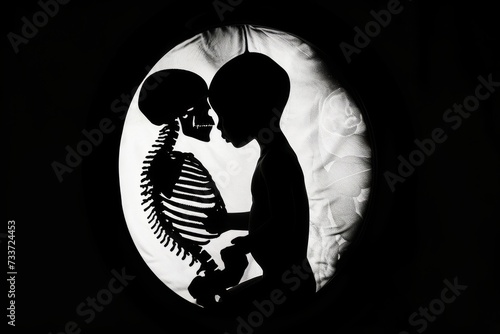 silhouette of a human figure is juxtaposed with a detailed skeletal structure photo