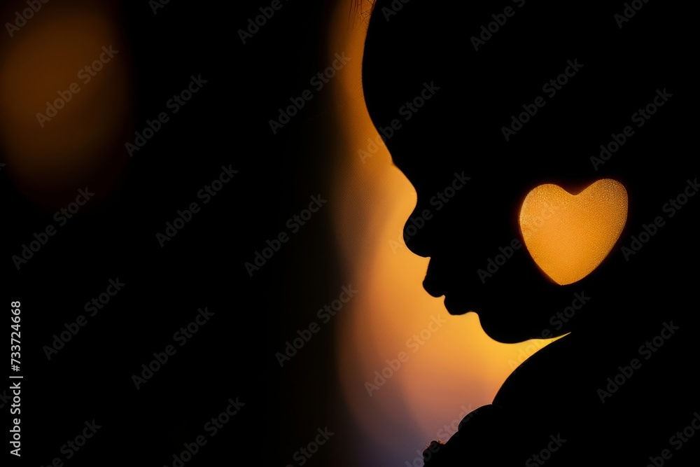 Naklejka premium profile of an individual in shadow, accentuated by the soft glow of light and a distinct heart shape on their face