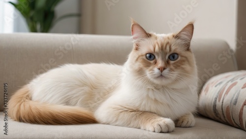 Red point birman cat lying on sofa at home