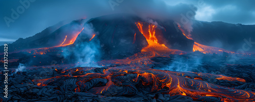 impressive volcanic lava landscape, dramatic natural disaster, hell's flames, armageddon