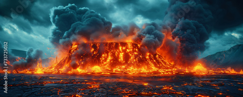impressive volcanic lava landscape, dramatic natural disaster, hell's flames, armageddon
