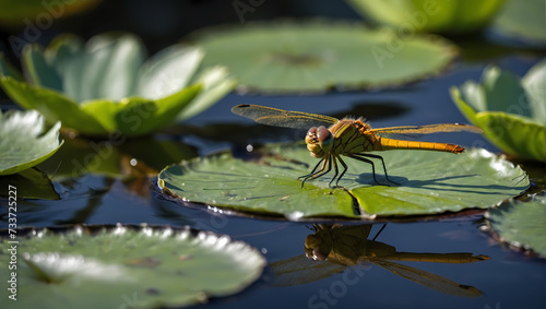 Detailed macro shot of a dragonfly resting on a pond lily pad. © xKas
