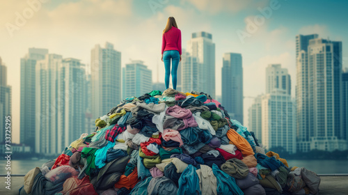 Woman stands on a huge pile of clothes against the backdrop of city skyscrapers. Shopaholic Concept and Environmental Costs of Fast Fashion. Recycling textiles. Excessive consumerism. photo