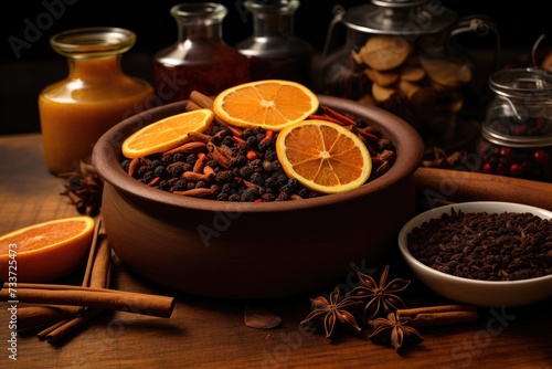 Mulled Wine Spices  Cloves  cinnamon  and orange peel infusing in mulled wine.