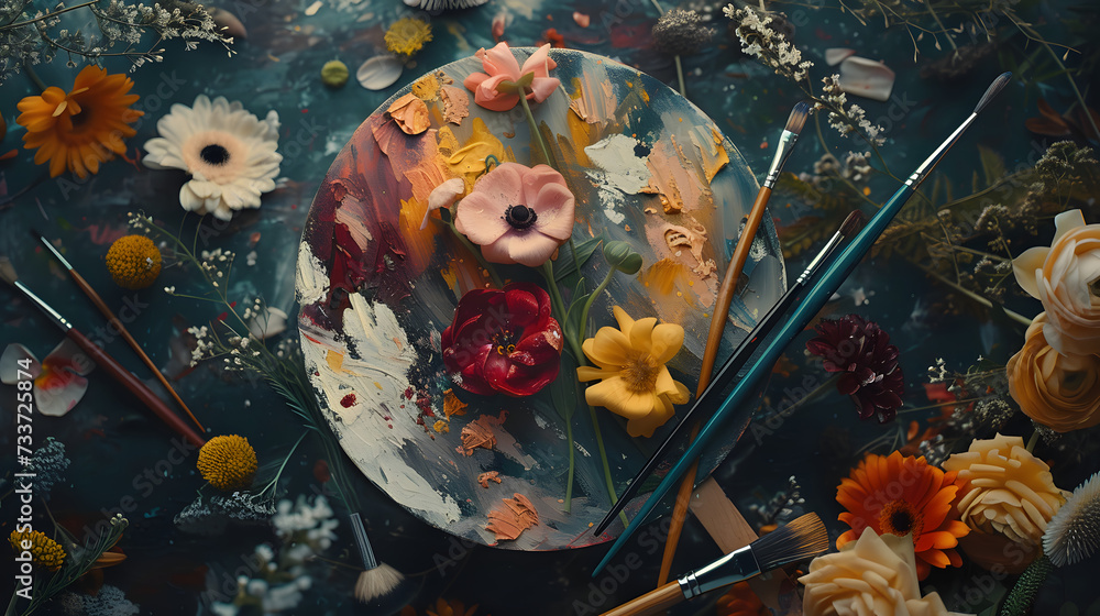 Photo of an artist's palette with colorful flower painting surrounded by brushes and fresh blooms
