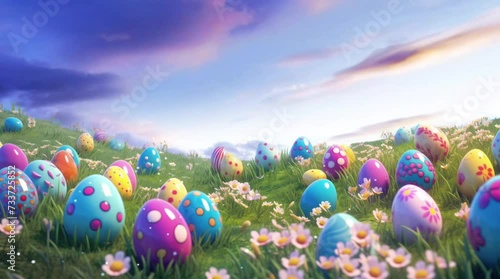 colorful hand painted eggs in the middle of green grass yard with clear blue sky easter egg day background animation