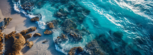 The dynamic interaction of ocean waves with a rugged coastline, as seen from an aerial perspective, highlighting the contrast between the rocky shore and the deep blue sea.