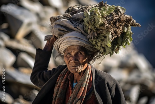 Elderly Woman from Dolpa Carrying Fodder on Head with Namlo